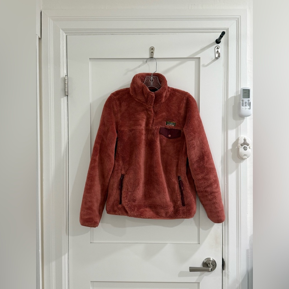 L.L. Bean reddish pink  (coral)+ burgundy quarter snap Hi-Pile fleece pullover